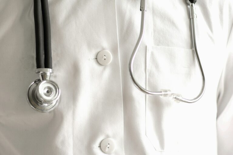 Close up of stethoscope and lab coat